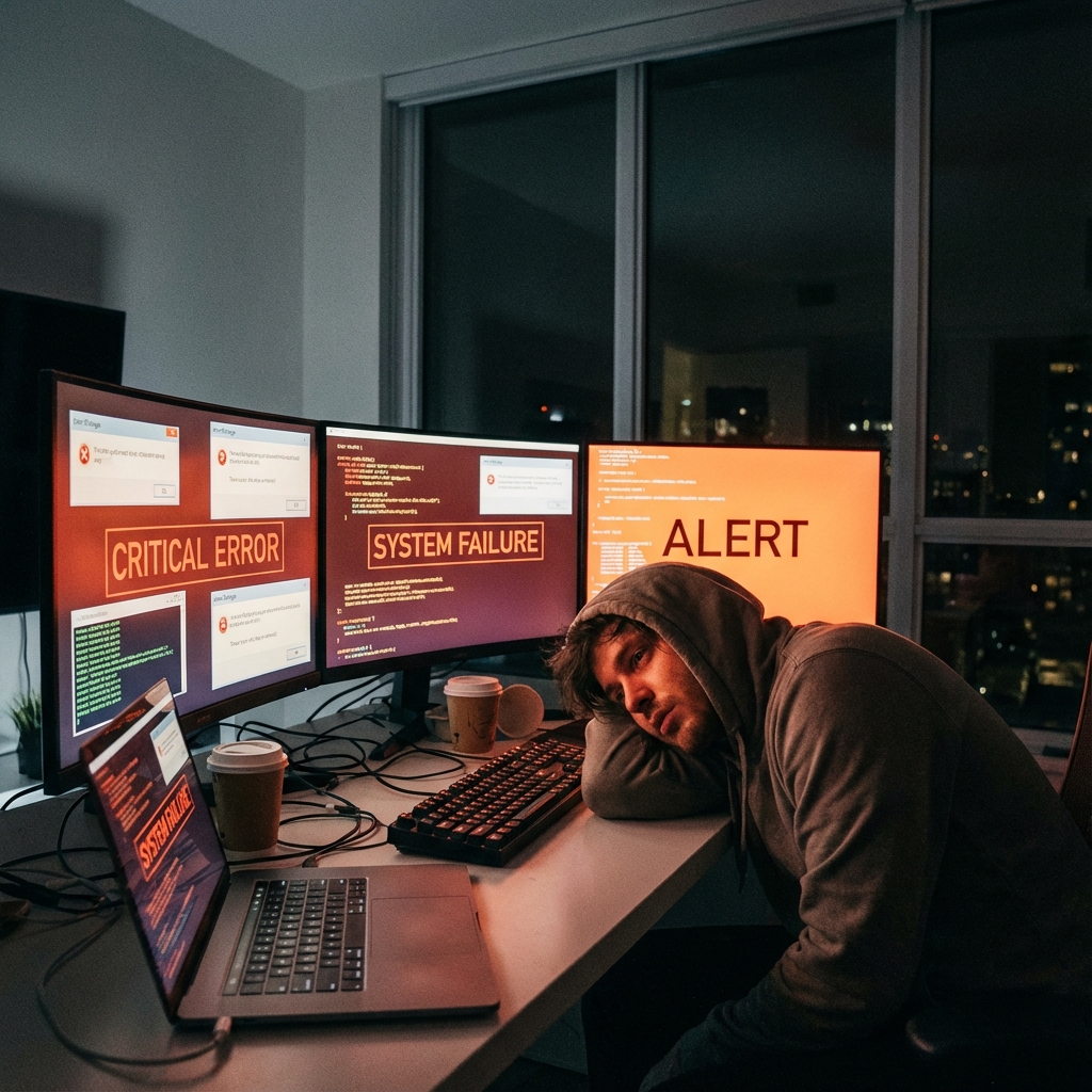 Stressed developer dealing with security vulnerabilities from vibecoding